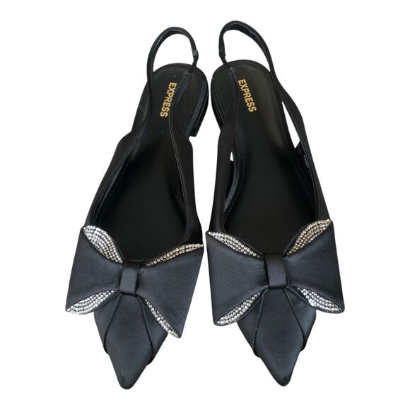 Express Women's Rhinestone Embellished Bow Pointed Toe Slip On Flats Black Sz 8 - Picture 1 of 10